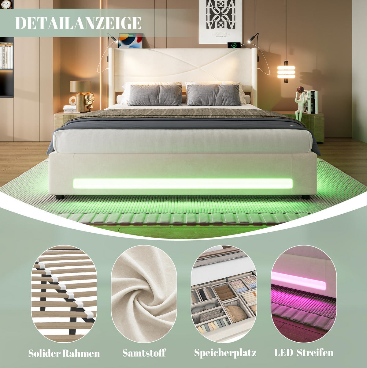 ČALÚNENÁ posteľ z velvetu 140x200 cm béžová s LED osvetlením, 2 čítacími lampami, USB a úložným priestorom - béžová, textil (90/200cm) - Modfu