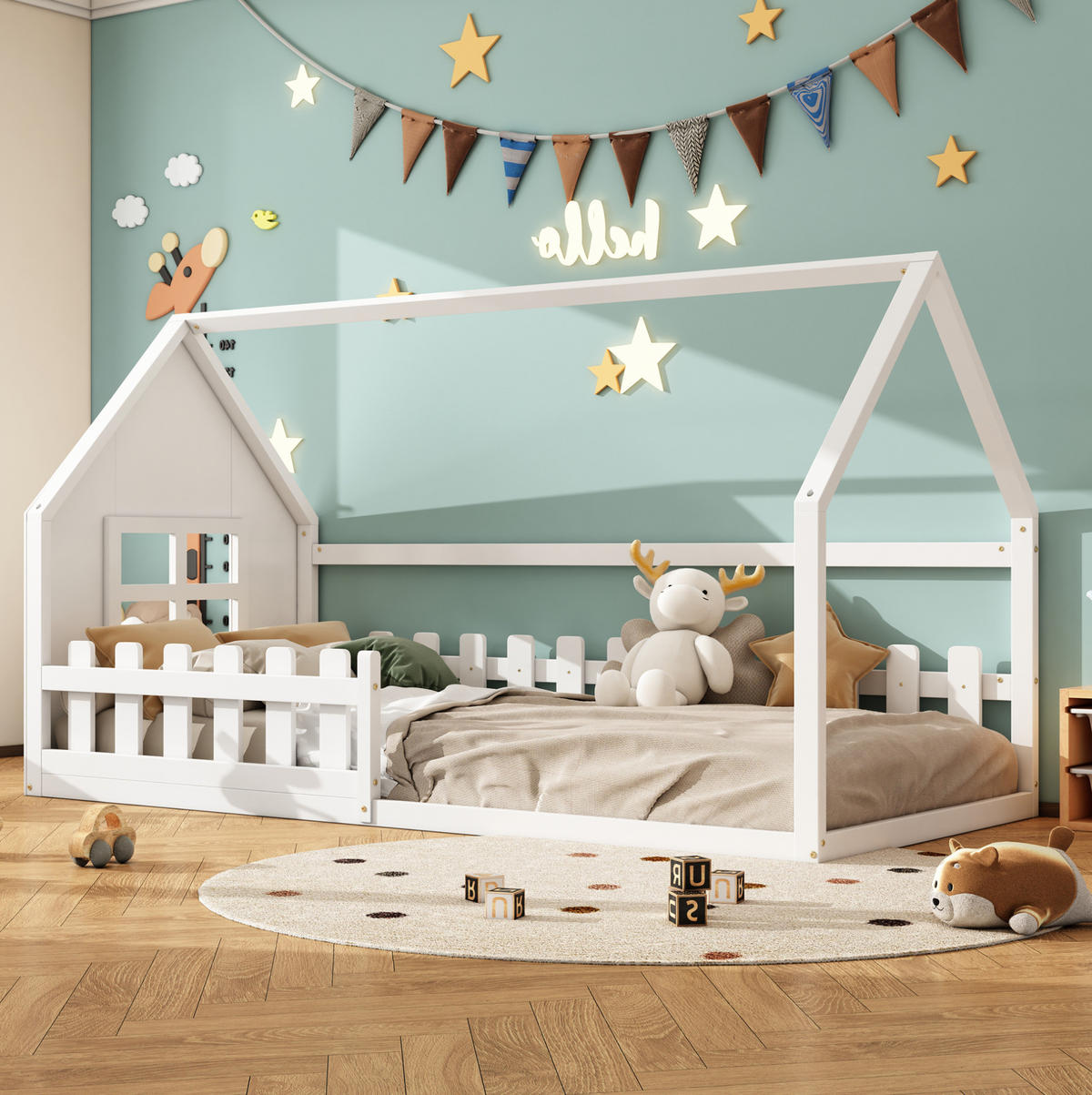 HAUSBETT 90/200 cm in Weiß – aus Kiefer und MDF, in Hausform - Weiß, Holz (90/200cm) - BEAOK