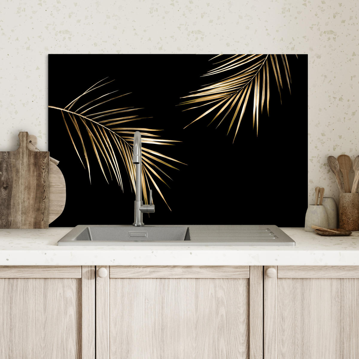 SPRITZSCHUTZ KÜCHE Blätter - Pflanzen - Gold - Schwarz - Luxus 70x50 cm - Goldfarben, Metall (70/0.3/50cm) - MuchoWow
