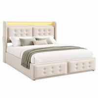 BETT mit Matratze, Stauraum, LED und USB 160x200 cm Baumwoll-Leinen Beige - Beige, Metall (160/200cm) - Meubliv