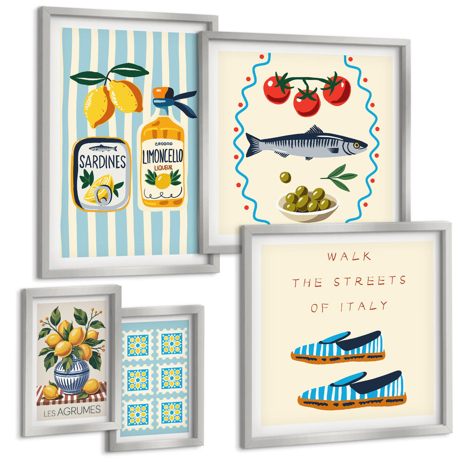 BILDER SET 5er Set - 50x50 cm & 20x30 cm & 40x60 cm Silberner Rahmen - Italienische Aromen, farbenfrohe Bilder - Silberfarben, Kunststoff (40/60cm) - TULUP