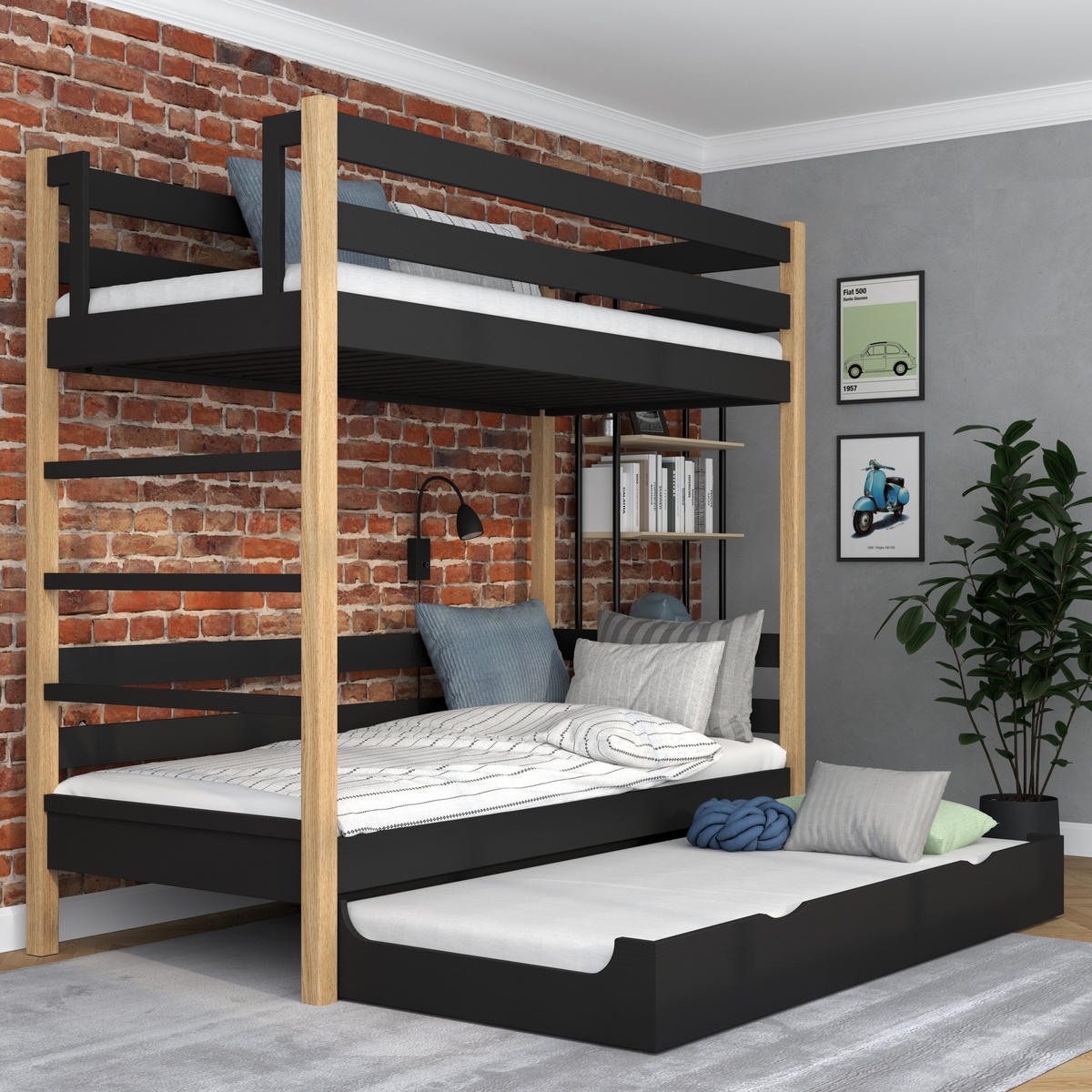 ETAGENBETT N03 mit Matratzenschublade Schwarz / Eiche Natur 120/180 - Schwarz/Eiche Artisan, Naturmaterialien/Holz (120/180cm) - N-Wood