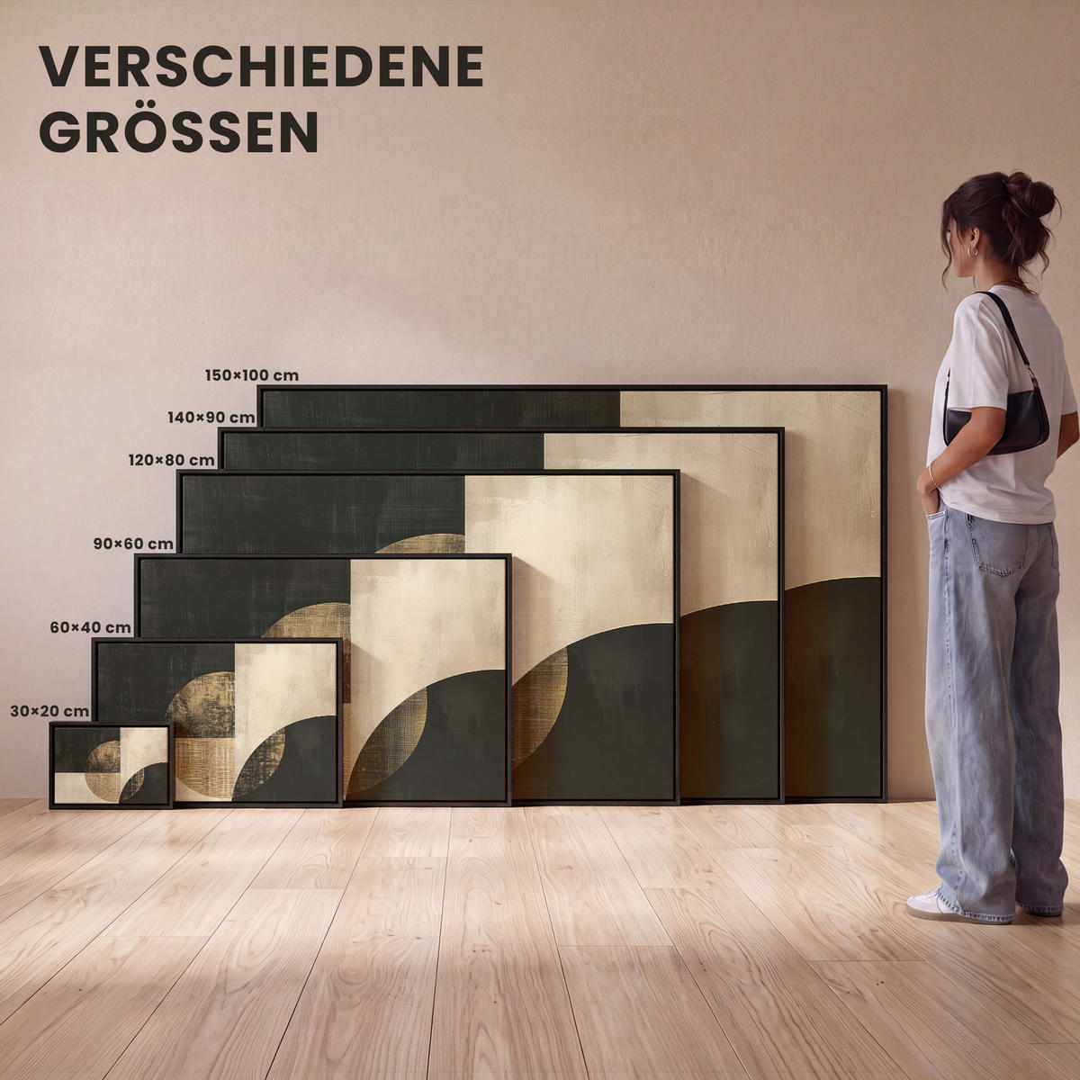 LEINWAND Bilder mit Rahmen - Abstrakt - Geometrische Formen - Schwarz - Gold - 30x20 - Ecru, Textil (30/20cm) - MuchoWow