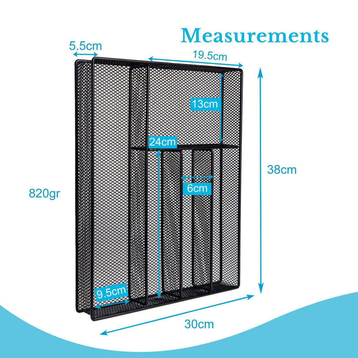 BESTECKKASTEN Schubladeneinsatz mit 5 Fächern 38/30/5,5 cm - Schwarz, Metall (30/6/39.2cm) - Intirilife