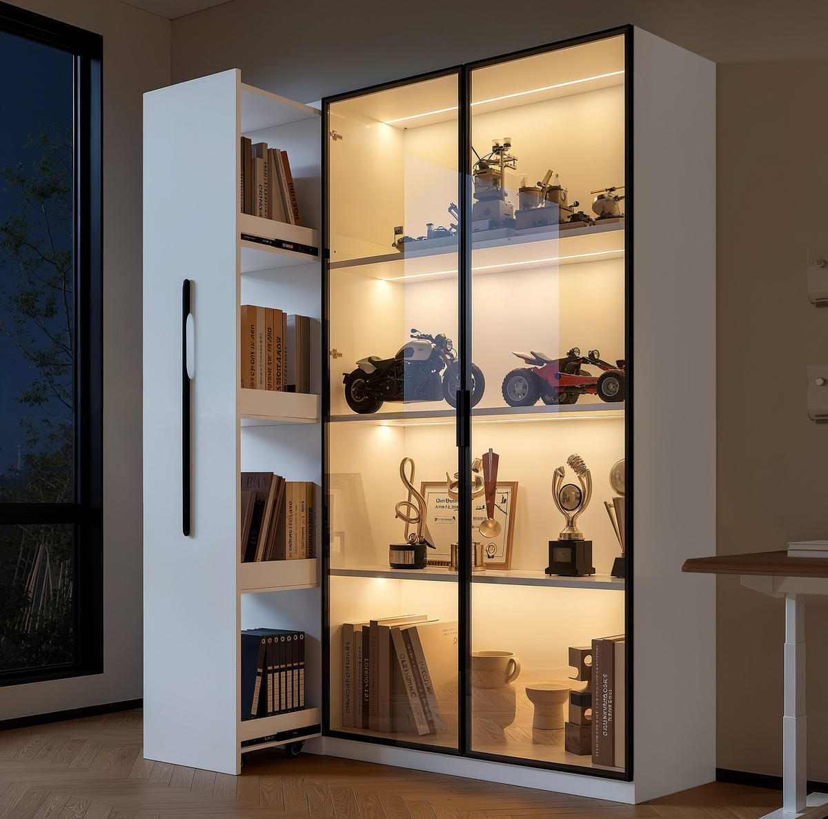 HIGHBOARD mit LED-Beleuchtung 110,5/35/160 cm in Weiß mit Glaseinsatz - Weiß, Holzwerkstoff (110.5/160/35cm) - BEAOK