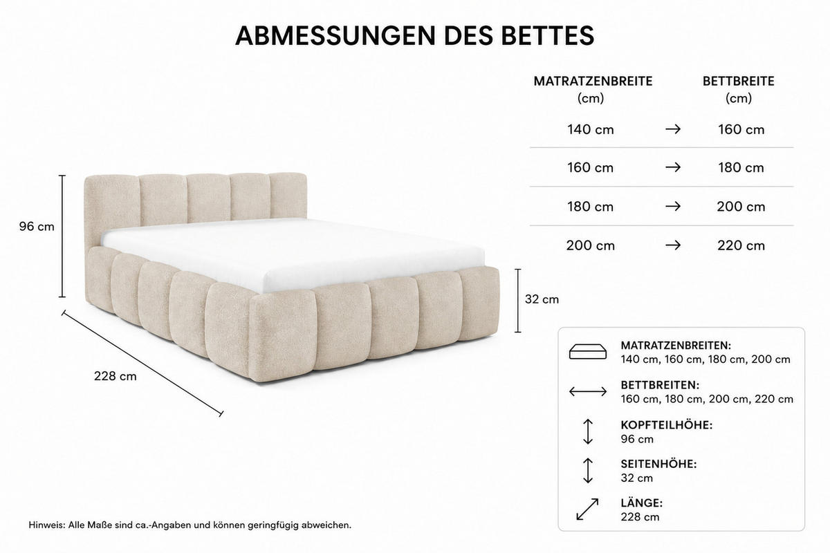 POLSTERBETT QUATTRO, 180x200 cm, Doppelbett mit Bettkasten, Boucle Stoff, Frabe: Hellgrau - Hellgrau, Holz/Textil (180/200cm)