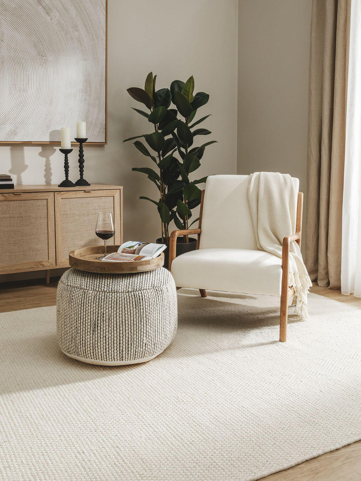 WOLL-POUF handgefertigt Rocco Beige/Schwarz 55x55x30 cm - Beige, Textil (55/30/55cm) - benuta Pure