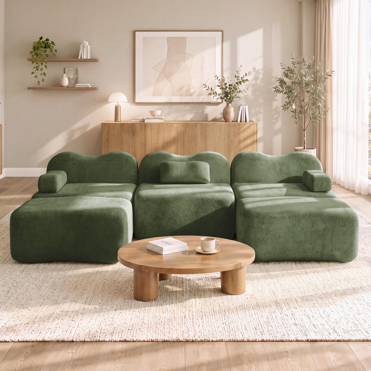 MODULARES Ecksofa mit Samtbezug in Grün 167x288x70 cm, tiefer Sitzfläche und flexiblem Hocker - Grün, Textil (288/70/167cm) - IVMEU