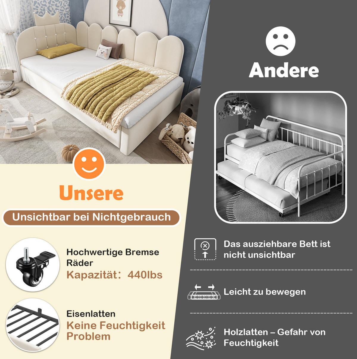 KINDERBETT 90/200 cm in Beige aus Samt mit Gästebett und Kronendesign - Beige, Textil (90/200cm) - Flora Grace