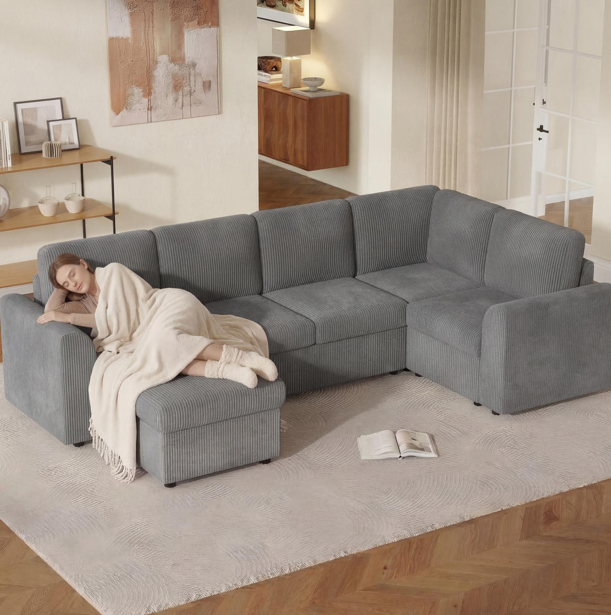 ECKSOFA 282/153/85 cm grau aus Cord mit Schlaffunktion und Hocker - Grau, Textil (153/282cm) - OKWISH