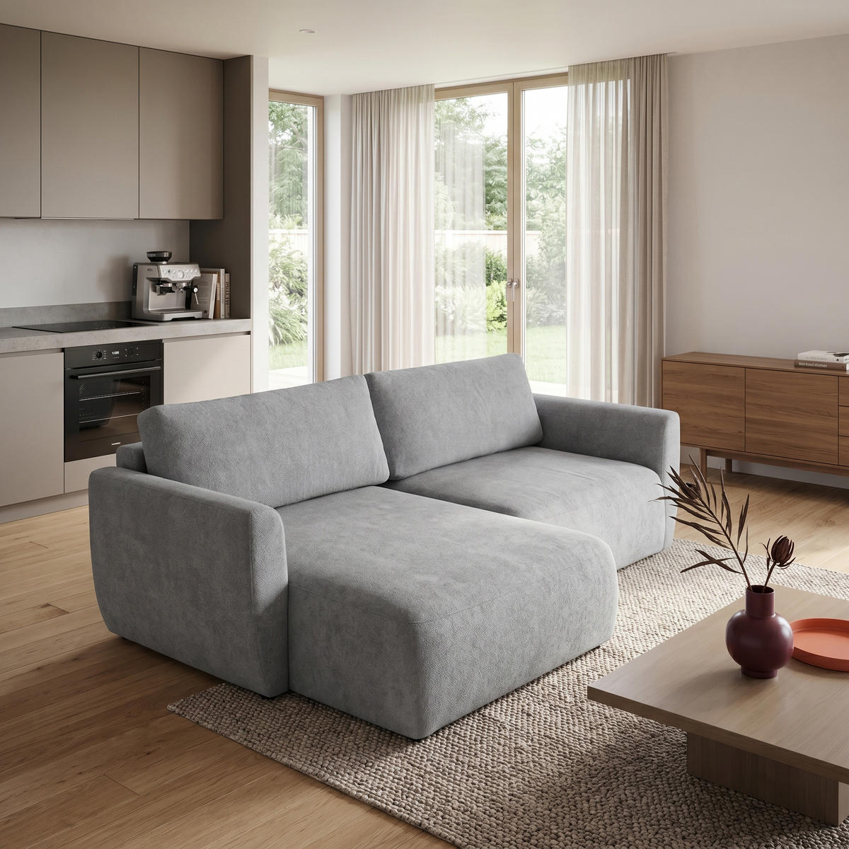 ECKSOFA BELLA L Links mit Schlaffunktion 140x205 Velours Grau - Schwarz/Grau, Holz/Kunststoff (230/165cm) - Muffo