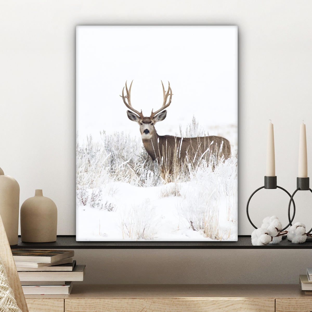 LEINWANDBILD Hirsche - Winter - Schnee - Tiere - Jahreszeiten - Weiß Room Decor 30x40 cm - Hellbraun, Textil (30/40cm) - MuchoWow