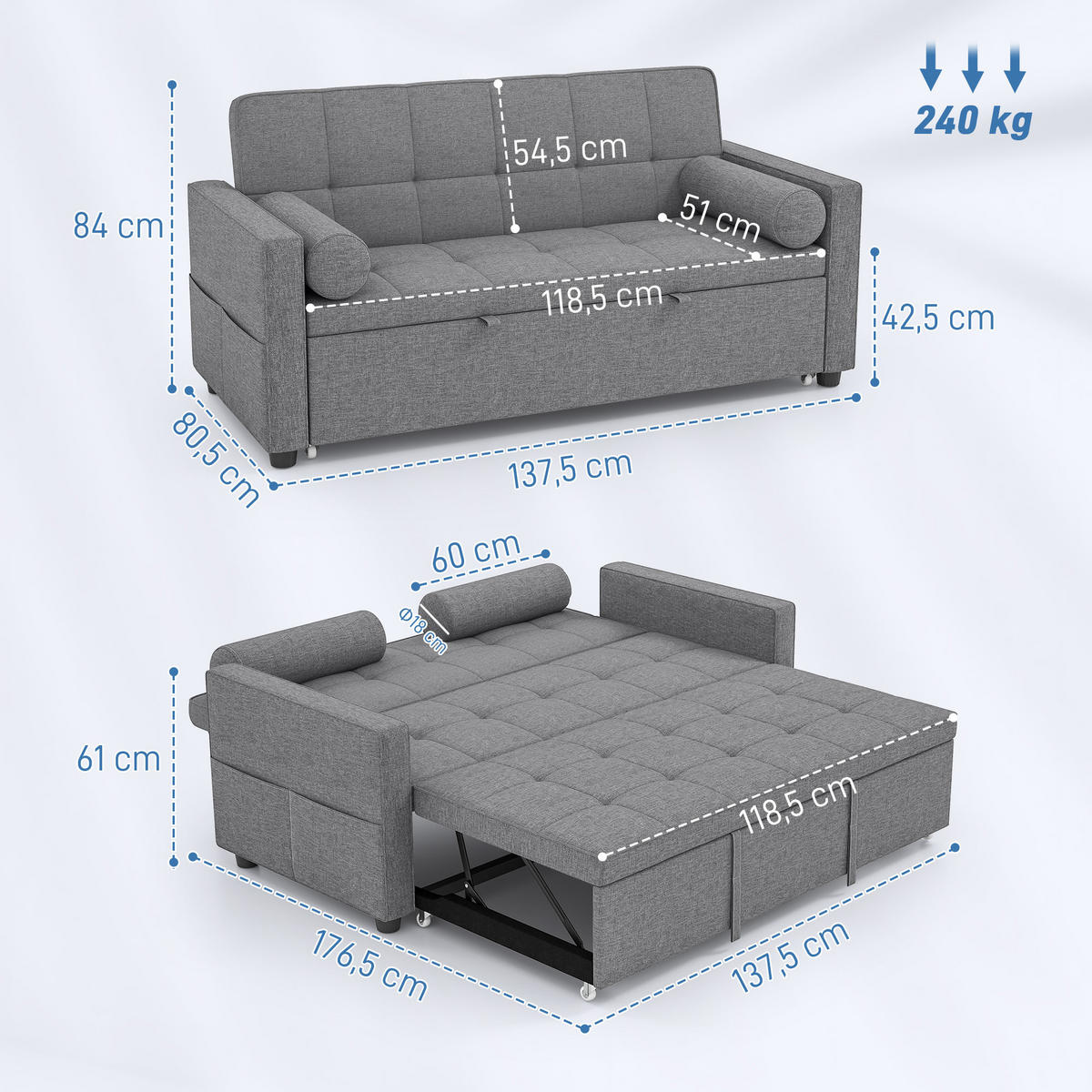 SCHLAFSOFA 2er-Sitz DE-14607 mit Doppelbett und verstellbarer Rückenlehne Grau - Grau, Metall (137.5/84/80.5cm) - ComfortXL