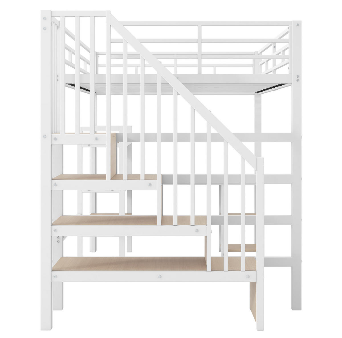 HOCHBETT 140x200 cm in Weiß mit Schreibtisch, Stauraumtreppe, LED-Licht und USB-Ladestation - Weiß, Holzwerkstoff (140/200cm) - IVMEU