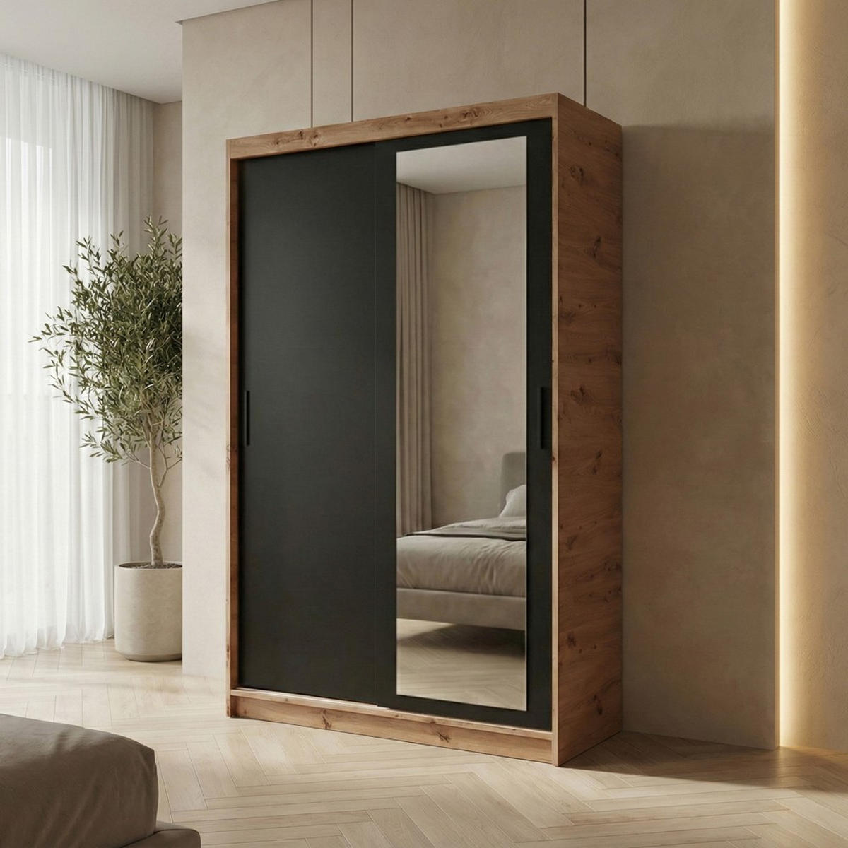 SCHWEBETÜRENSCHRANK Hela 100/205/60 2-türig eiche Artisan/schwarz mit Schubladen - Schwarz/Eiche Artisan, Holzwerkstoff (100/205/60cm) - Beautysofa