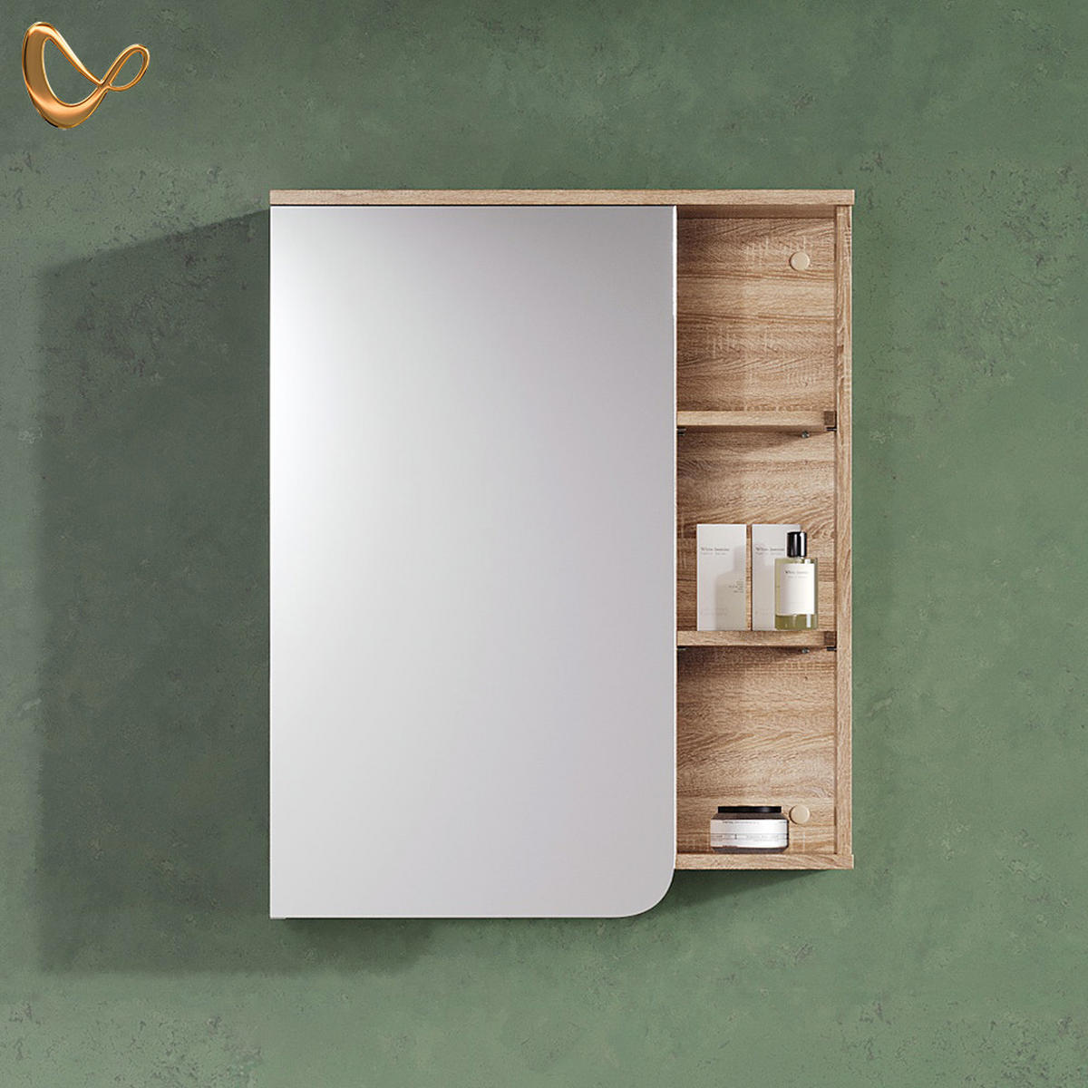 ZRCALNA OMARICA Marano, Sonoma/Bela, 60 x 75 cm z 2 predaloma - bela/hrast sonoma, leseni material (60/75/20cm) - Livinity®