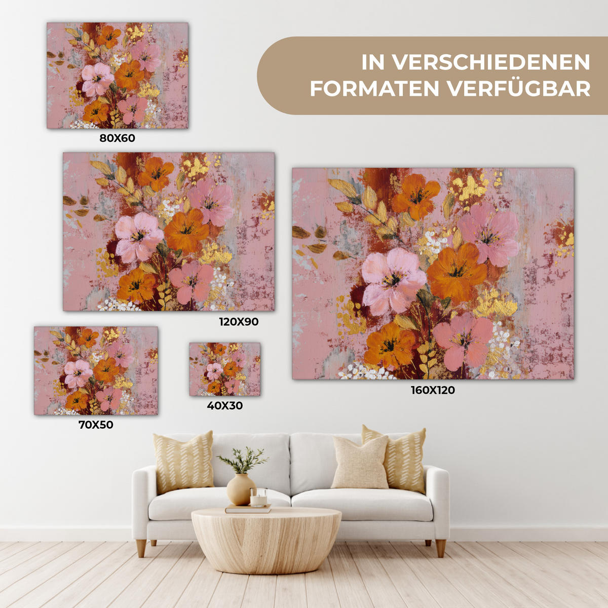 LEINWANDBILD Malerei - Blumen - Rustikal - Rosa Wandbilder 80x60 cm - Altrosa, Textil (80/60cm) - MuchoWow