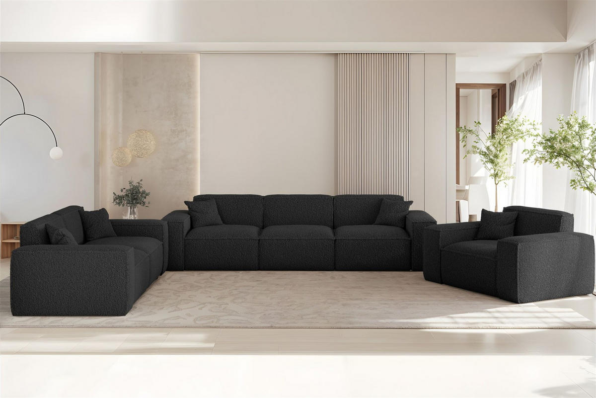 SOFASET Celes Premium 3-2-1 In Sven - Schwarz, Holzwerkstoff/Textil (218/73/90cm) - Fun Möbel
