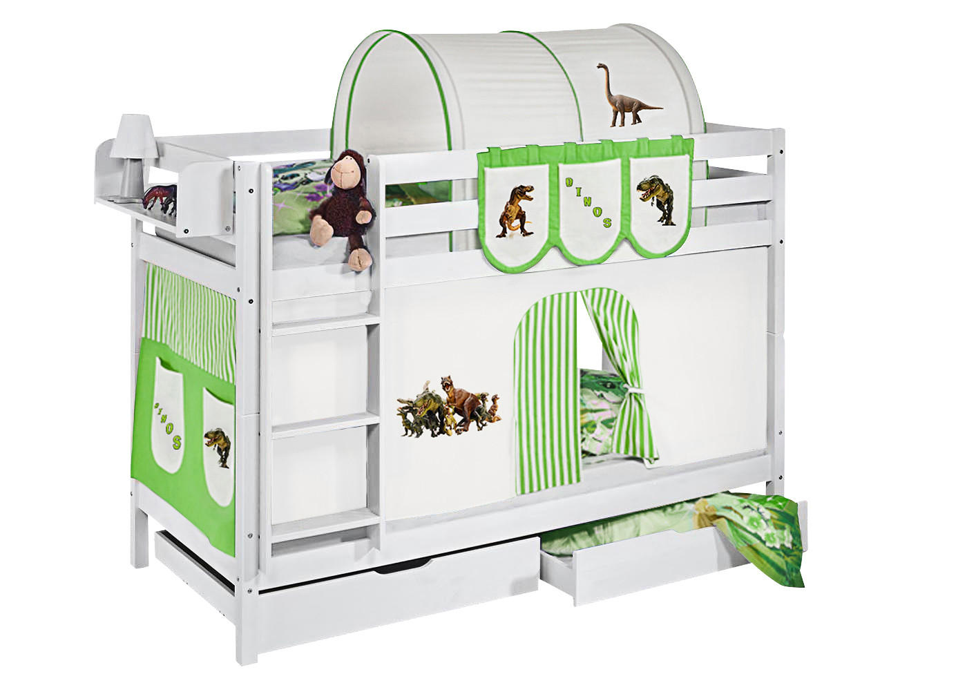 ETAGENBETT JELLE 90x190 cm Dinos grün - Hochbett - inkl. Vorhang und 2 Lattenrosten - Weiß, Holz - Lilokids