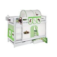 ETAGENBETT JELLE 90x190 cm Dinos grün - Hochbett - inkl. Vorhang und 2 Lattenrosten - Weiß, Holz - Lilokids
