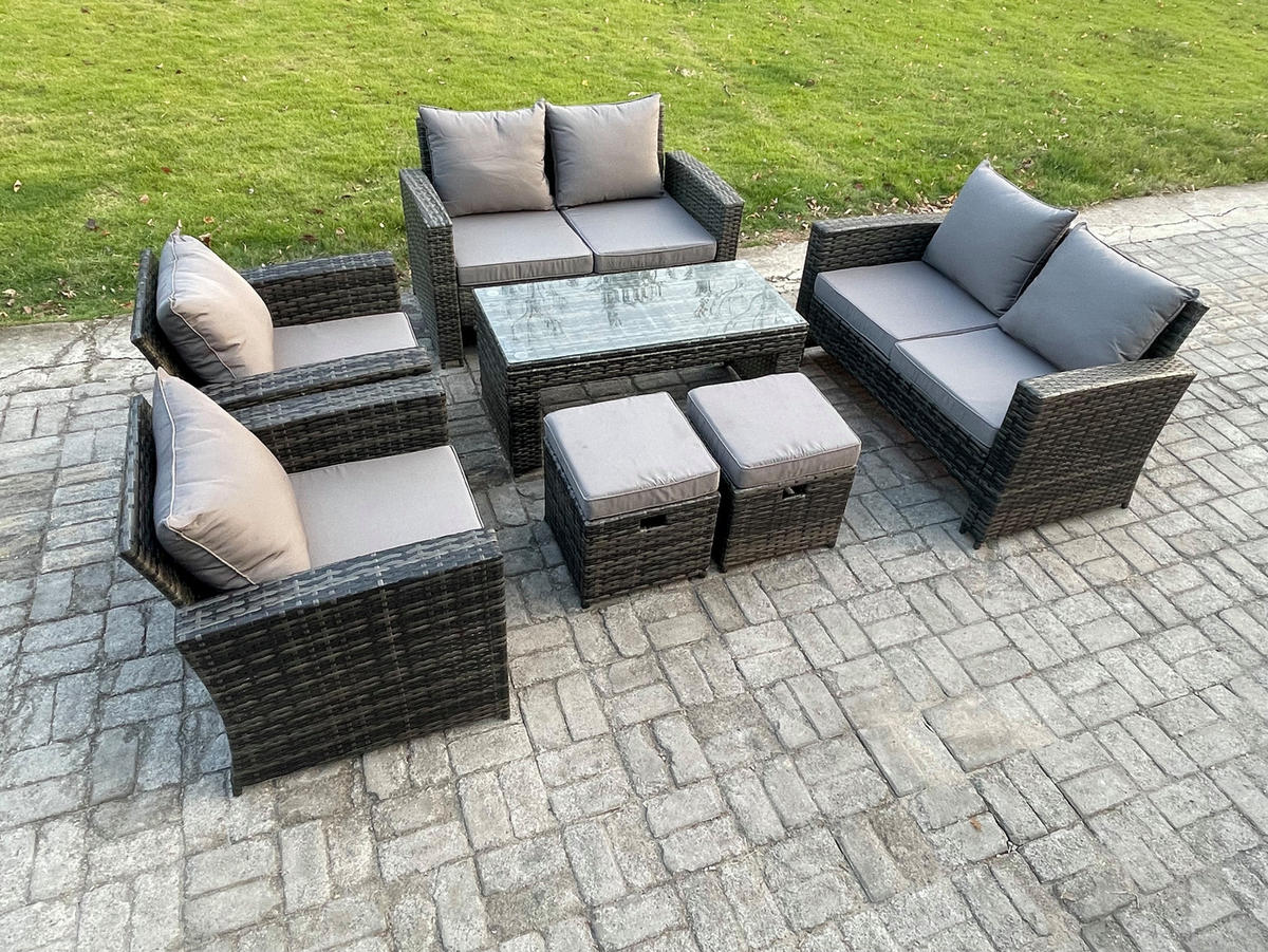 GARTENSOFA Hohe Rückenlehne Polyrattan Dunkelgrau 8-Sitzer - Dunkelgrau, Metall - Fimous