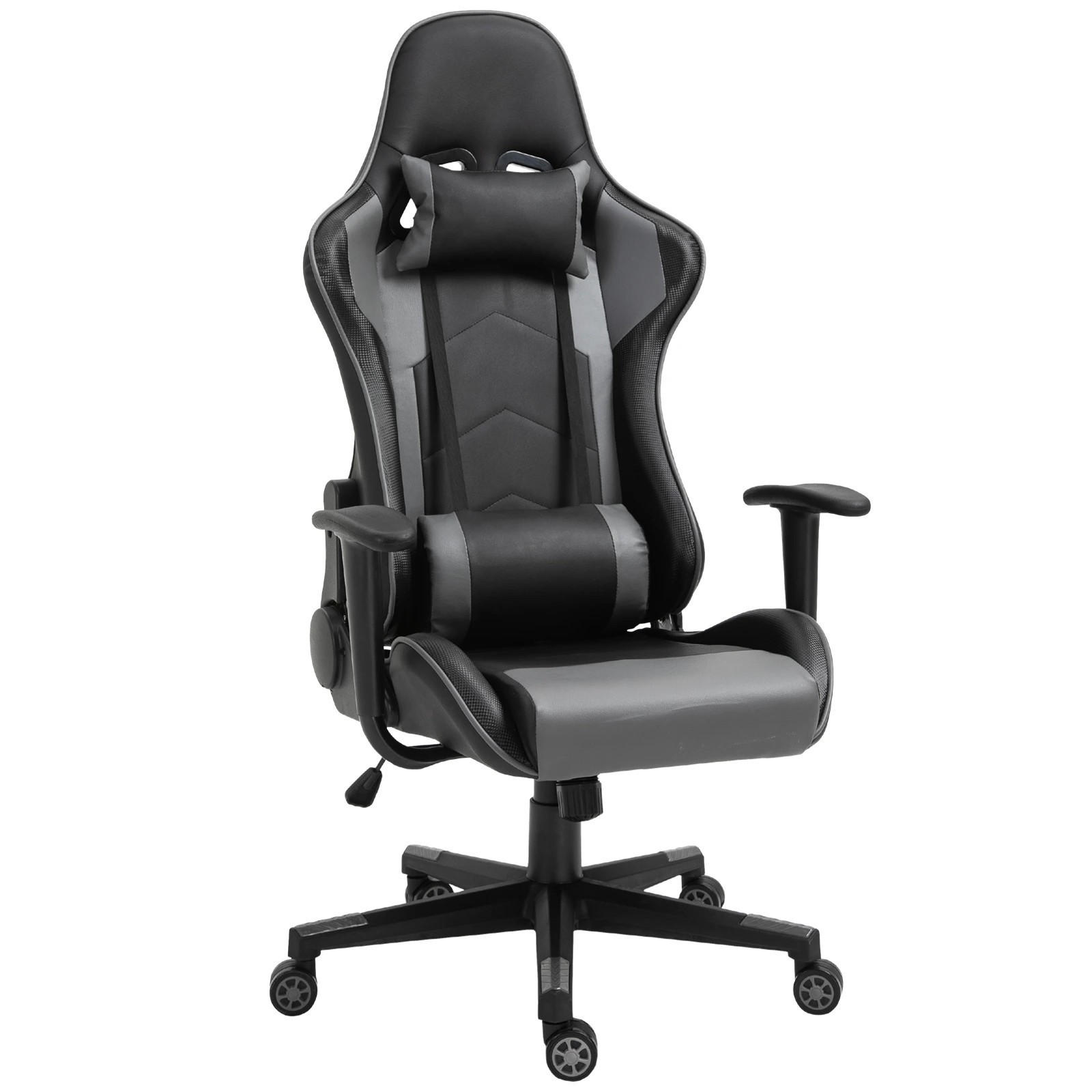 GAMING Stuhl, ergonomischer Bürodrehstuhl mit Kopf- und Lendenkissen, neigbarer Rückenlehne, Schwarz - Schwarz, Leder (53/126/67.5cm) - BRILVERDE