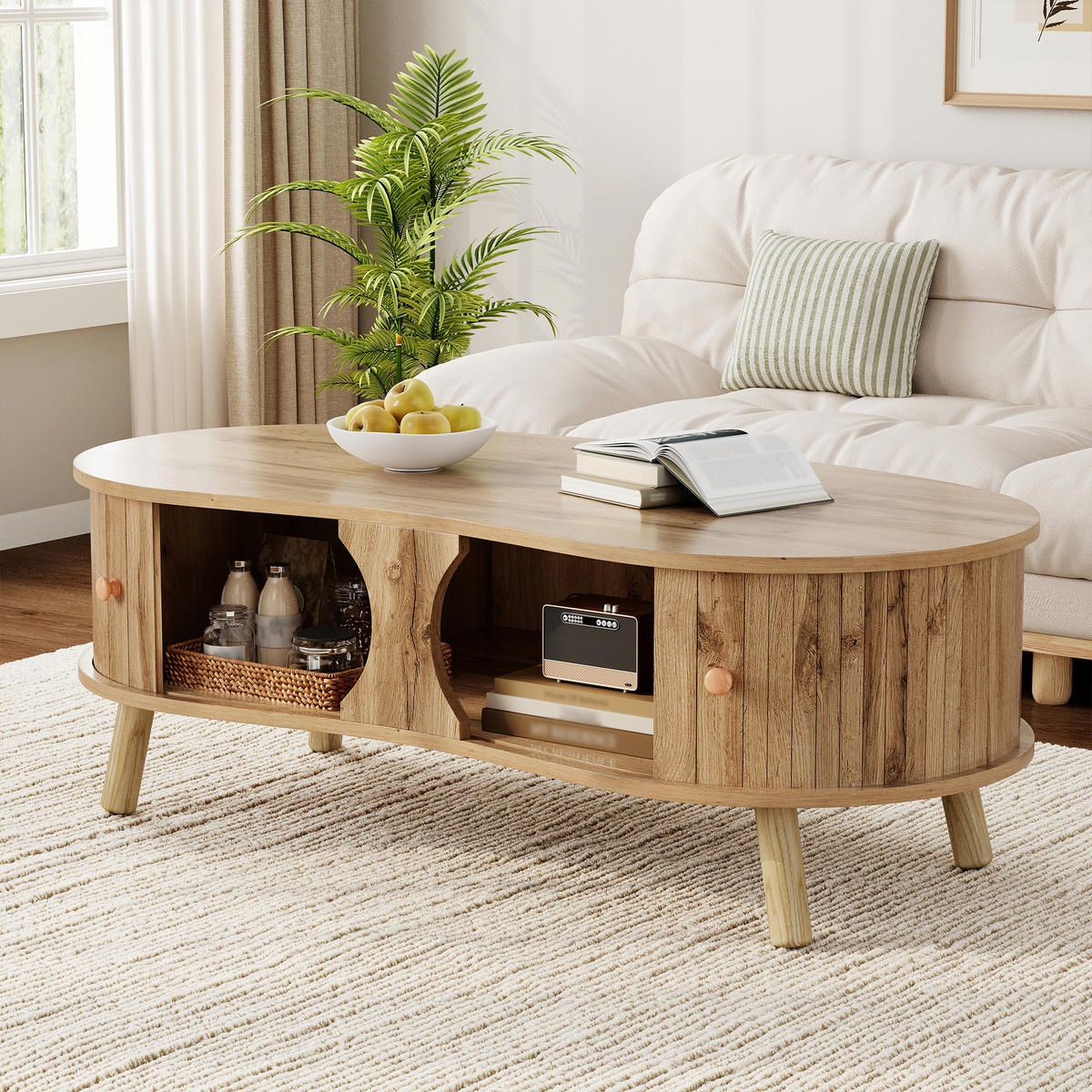 COUCHTISCH organisch Rillenoptik 2 Schiebetüren - Naturfarben, Holz (50/108/37cm) - LEBENLANG