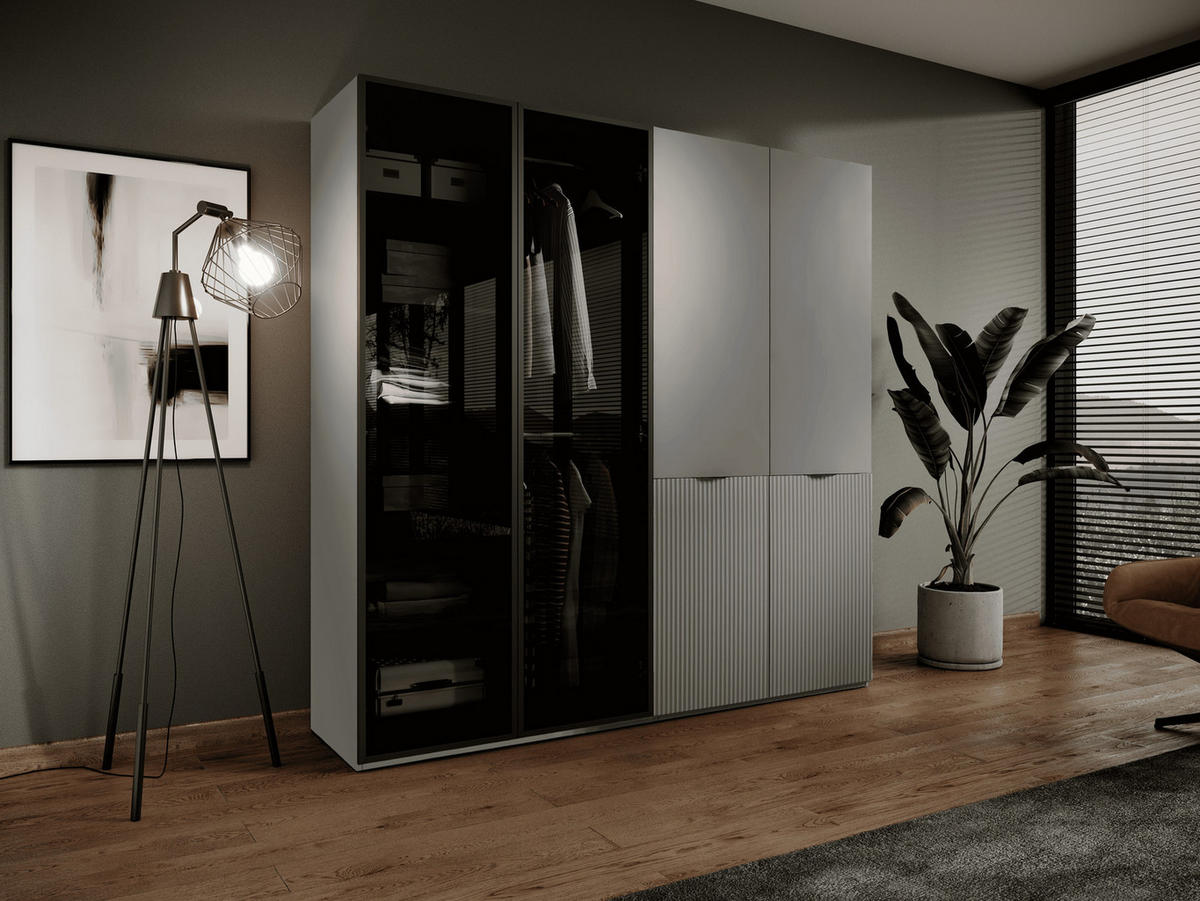 KLEIDERSCHRANK ZEN (Modular, Grau Matt, Grau & Getöntes Glas Antisol, 4-türig) - Schwarz/Grau, Holz/Holzwerkstoff (202/200/51cm) - Ravio