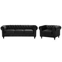 4-SITZER SOFA SET Samtstoff Schwarz Chesterfield - Schwarz, Textil (201/70/75cm) - Beliani