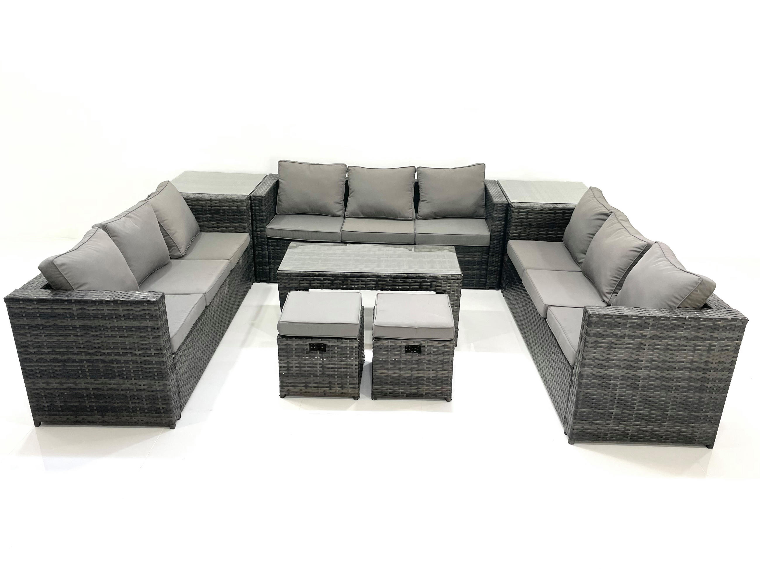 GARTENMÖBEL COUCHTISCH SET mit Sofa Polyrattan Outdoor 11-Sitzer - Dunkelgrau/Grau, Glas/Kunststoff - Fimous