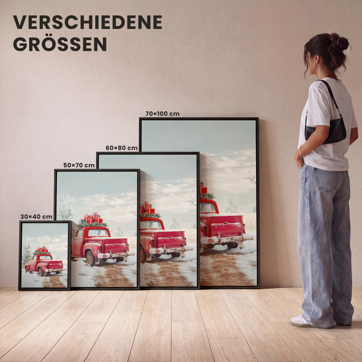 LEINWAND Bilder mit Rahmen - Auto - Rot - Geschenke - Winter - Schnee - Weihnachten - 70x100 - Rot, Textil (70/100cm) - MuchoWow