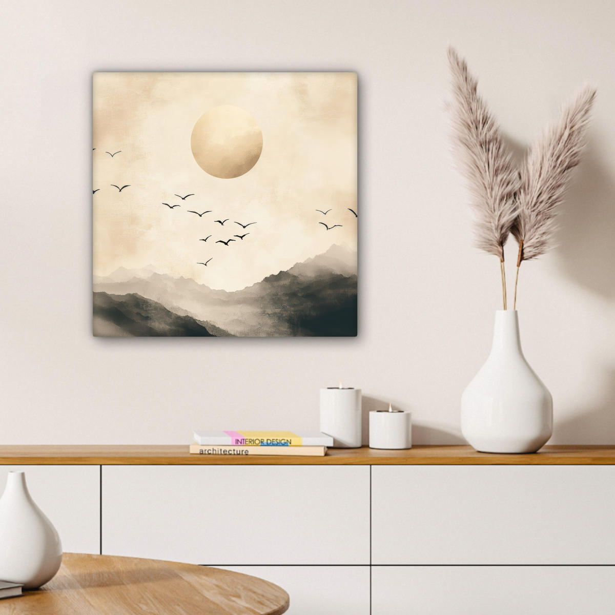 LEINWANDBILD Landschaft - Japandi - Vogel 50x50 cm - Beige, Textil (50/50cm) - MuchoWow