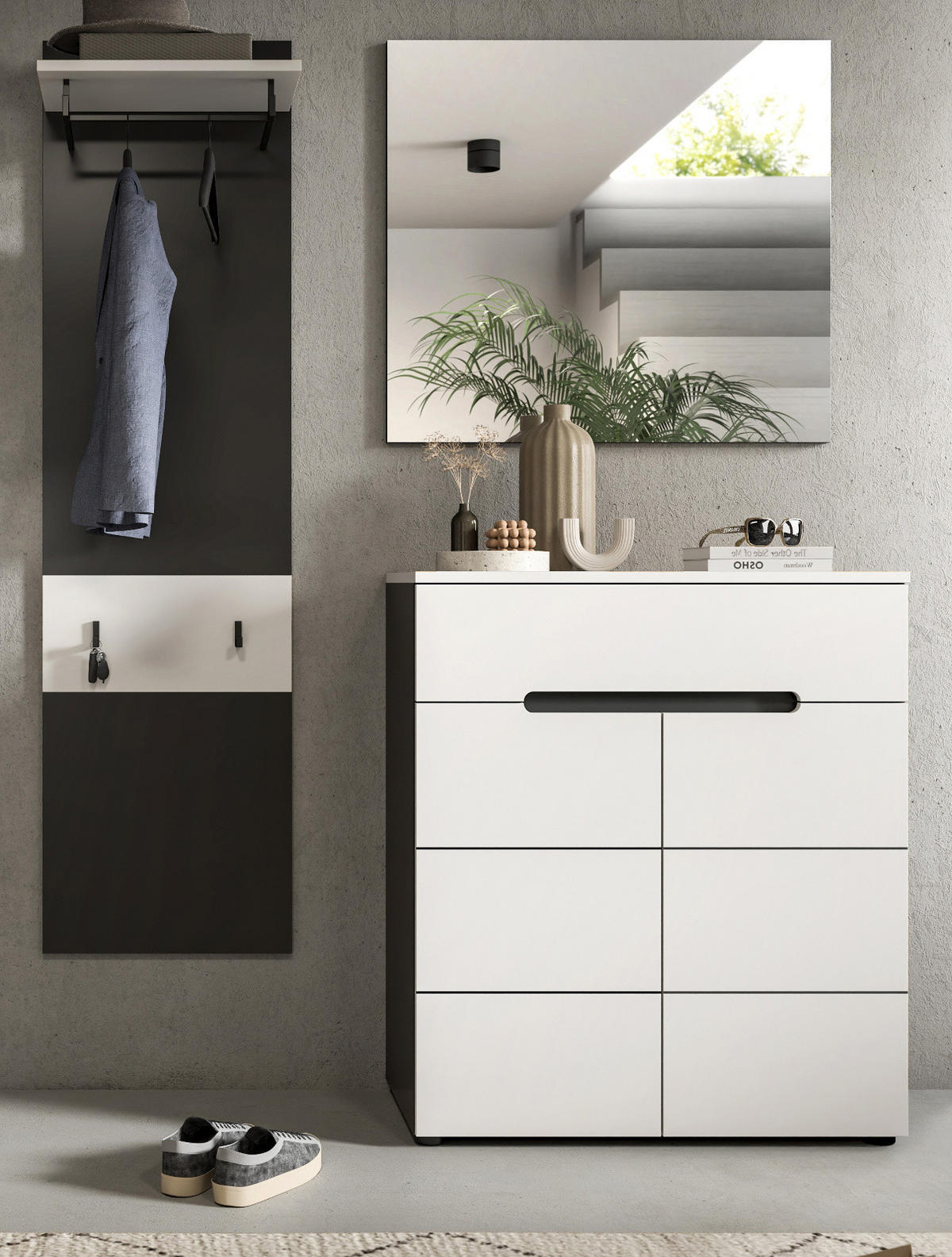 GARDEROBEN-SET 3-teilig in weiß, grau 140 cm mit Soft-Close, Cooper - Schwarz/Weiß, Glas/Holzwerkstoff (140/190/37cm) - Inn.Furn