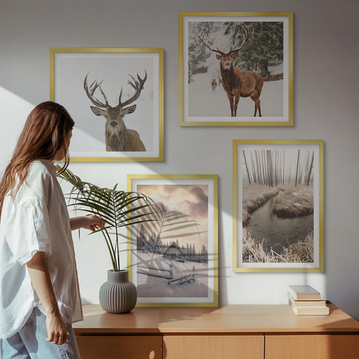 WANDBILDER 4er Set - 50x50 cm & 40x60 cm Goldrahmen - Winterlandschaft mit Hirschen - Goldfarben, Kunststoff (50/50cm) - ArtPrintCave