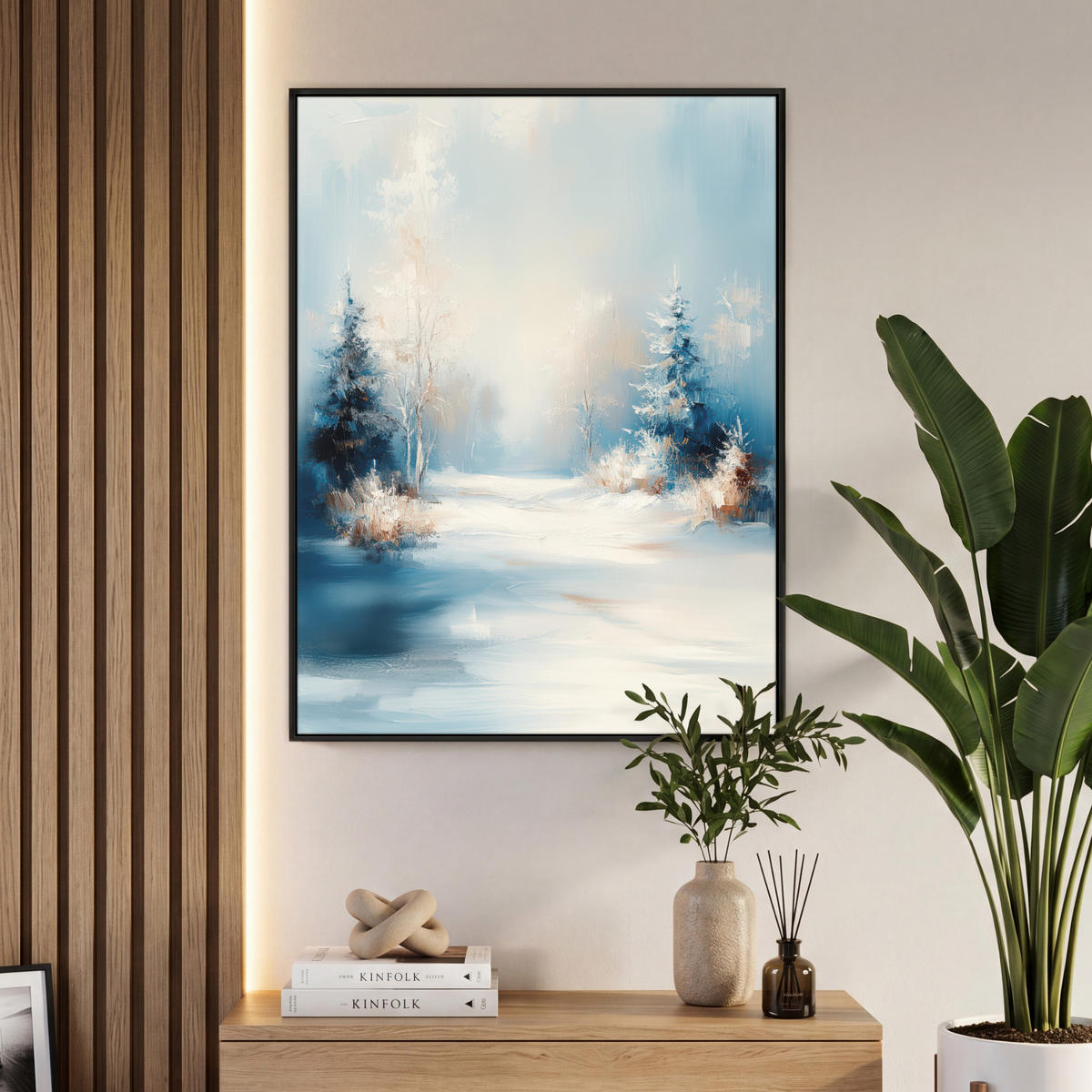 LEINWAND Bilder mit Rahmen - Wald – Winter – Natur – Abstrakt – Schnee - 70x100 - Weiß, Textil (70/100cm) - MuchoWow