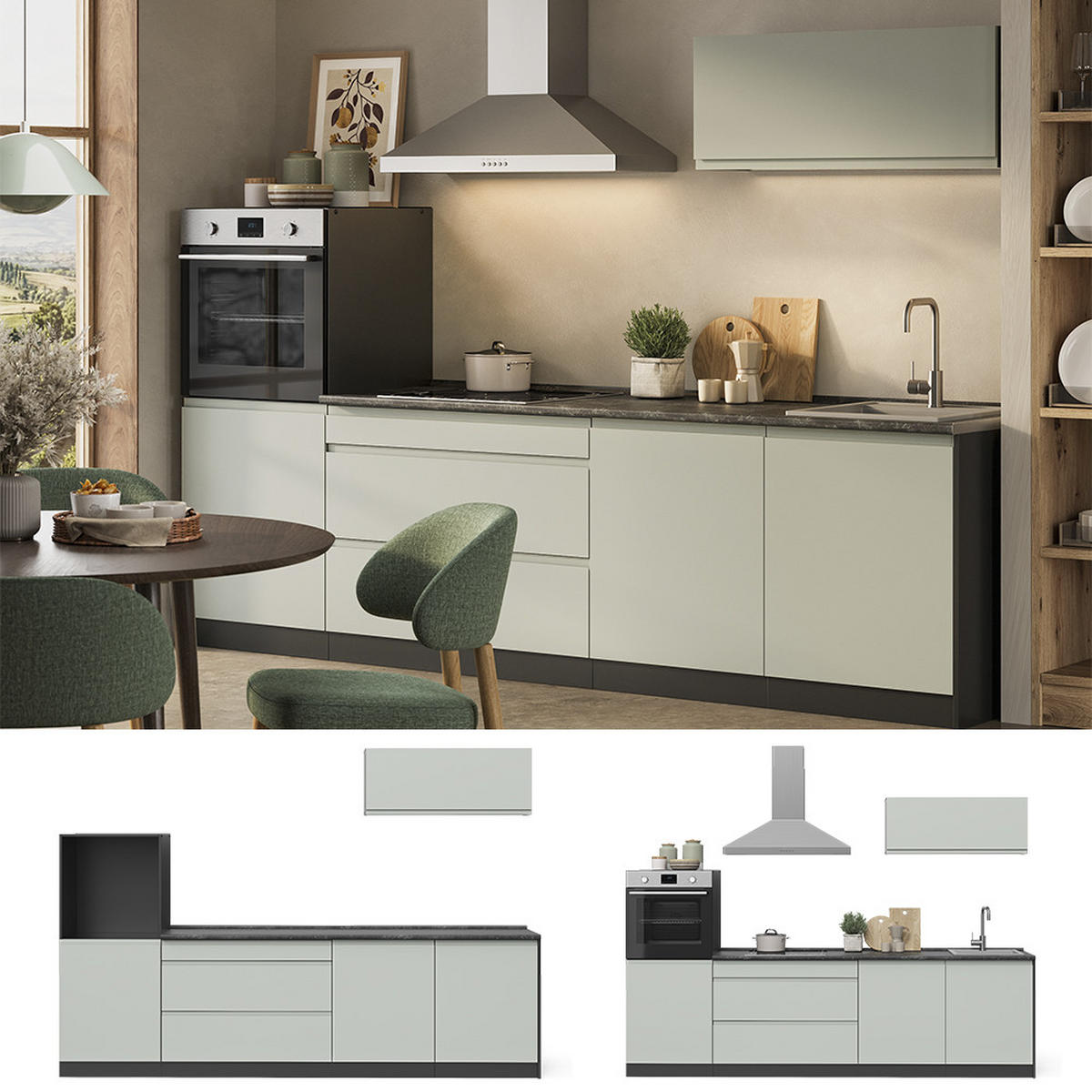KÜCHENZEILE R-Line, Pastellgrün/Anthrazit, 280 cm Arbeitsplatte Satin - Pastellgrün/Anthrazit, Holzwerkstoff (280/143/60cm) - Vicco