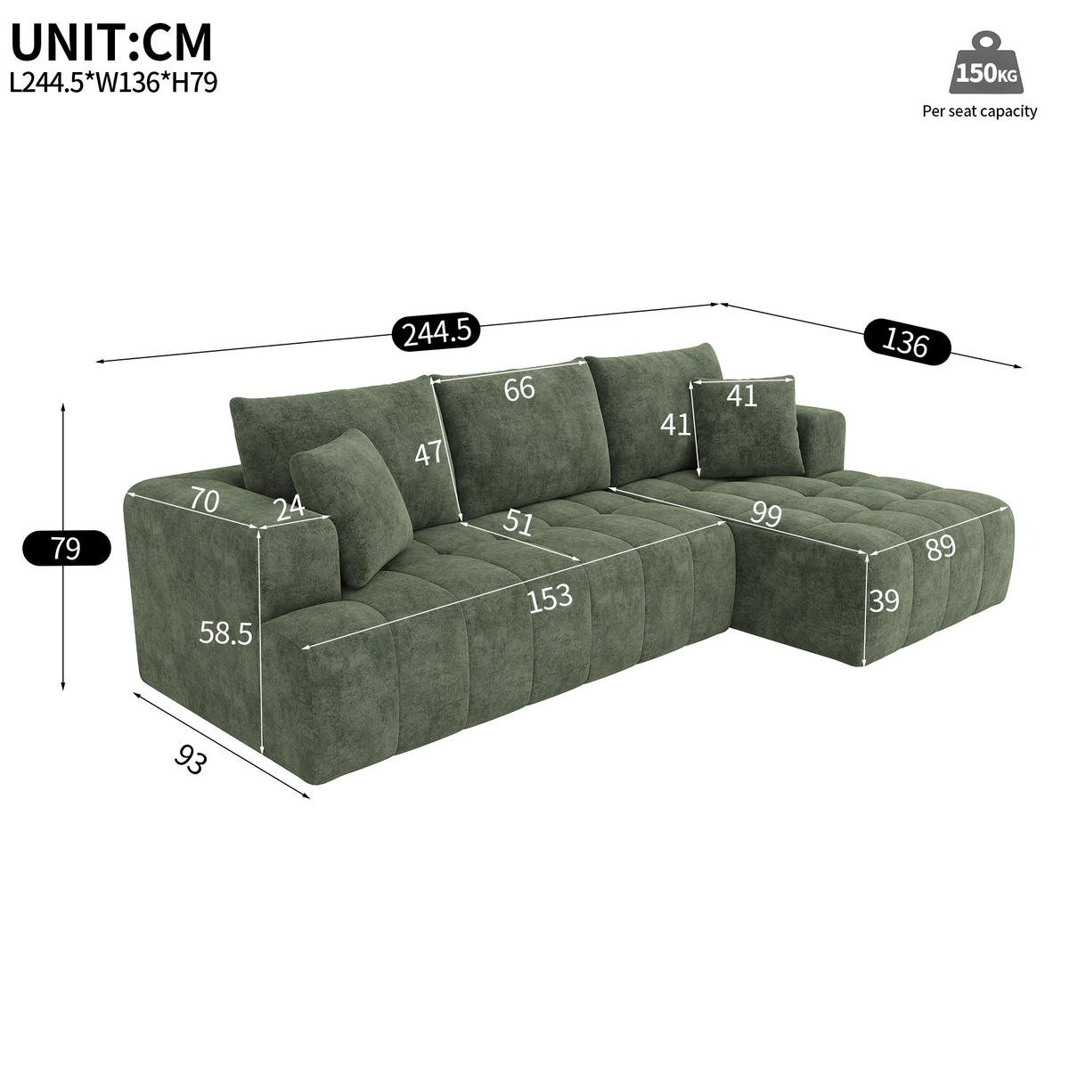 ECKSOFA 244.5/136/79 cm Grün Chenille - Grün, Textil (244.5/136cm) - Oxeza