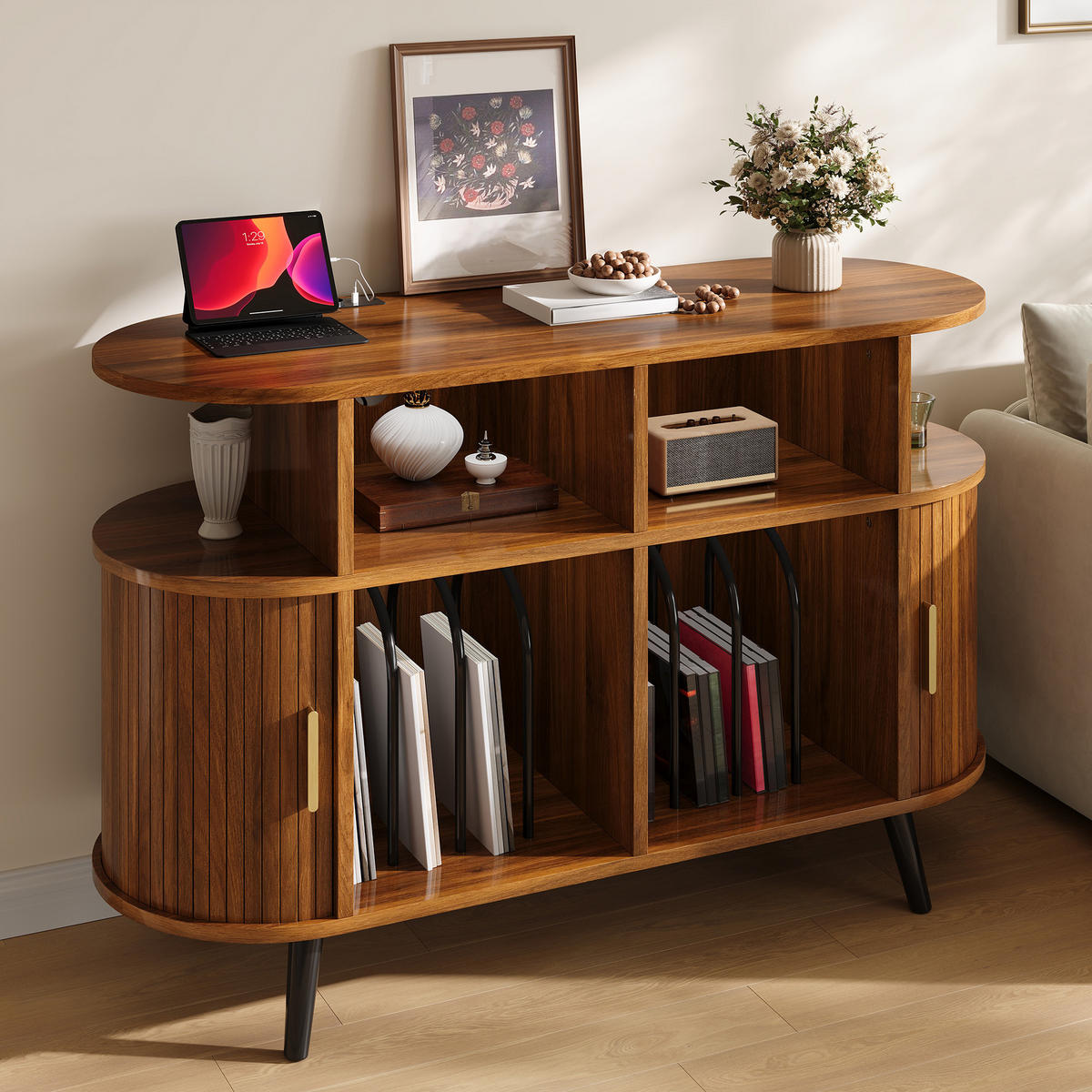 TV-SCHRANK MDF mit Schiebetür und Ladestation - Walnussfarben, Holzwerkstoff (110/76/40cm) - FLIEKS