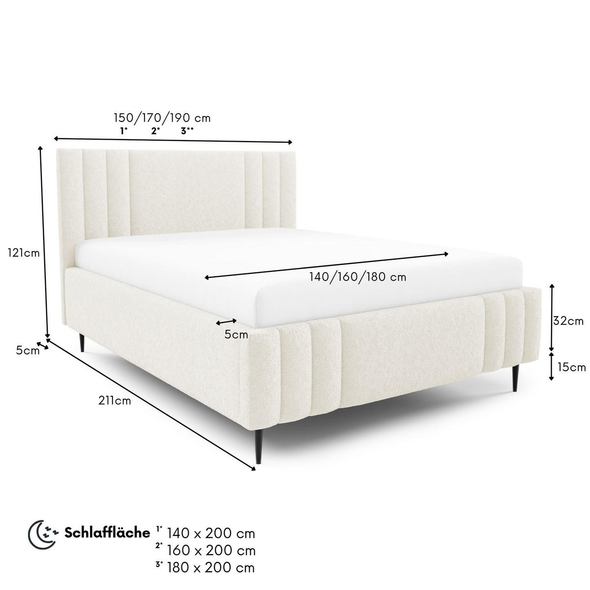 POLSTERBETT RIVIO LEG mit Beinen Bettkasten Lattenrost 140x200 Creme - Creme, Holz (140/200cm) - Furnistar