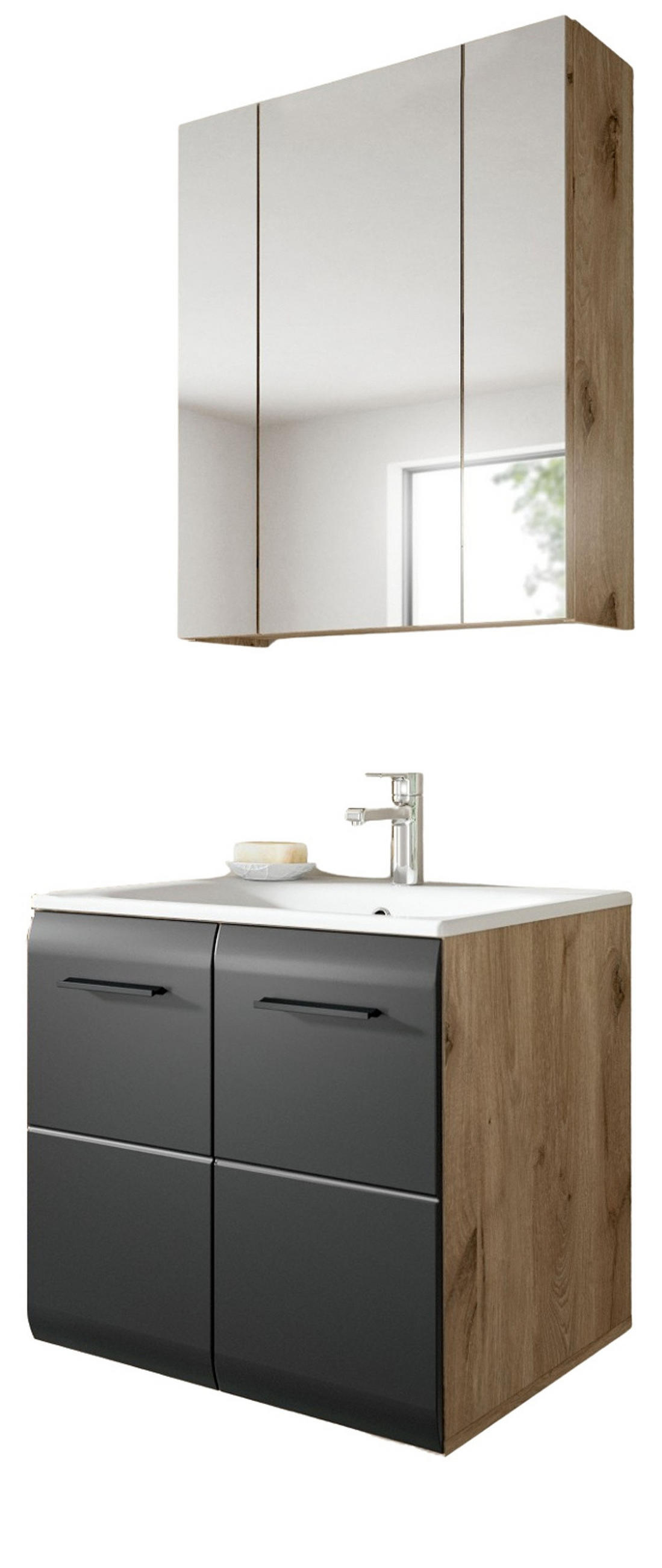 BADMÖBEL-SET 2-teilig Schwarz matt und Eiche Komplett-Set mit Waschbecken, 60 x 185 cm - Eichefarben/Schwarz, Glas/Holzwerkstoff (60/185/46cm) - Inn.Furn