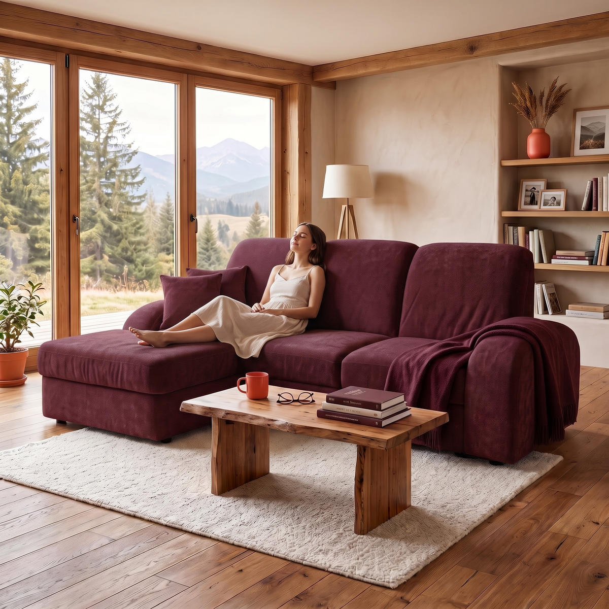 ECKSOFA VIBE S Links mit Schlaffunktion 130x202 Chenille Bordeaux - Bordeaux/Schwarz, Holz/Kunststoff (255/156cm) - Muffo