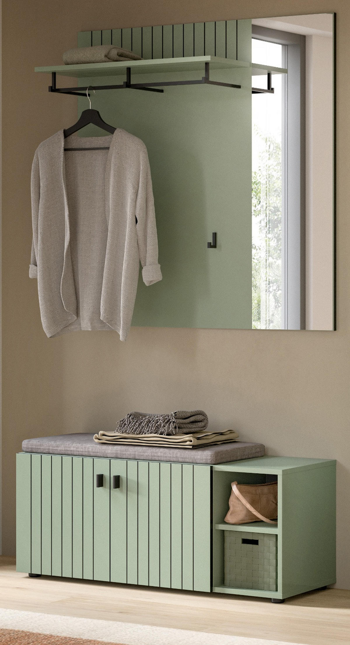 GARDEROBENPANEEL grün 106 x 106 cm, Wandgarderobe mit Spiegel - Grün, Glas/Holzwerkstoff (106/106/27cm) - Inn.Furn