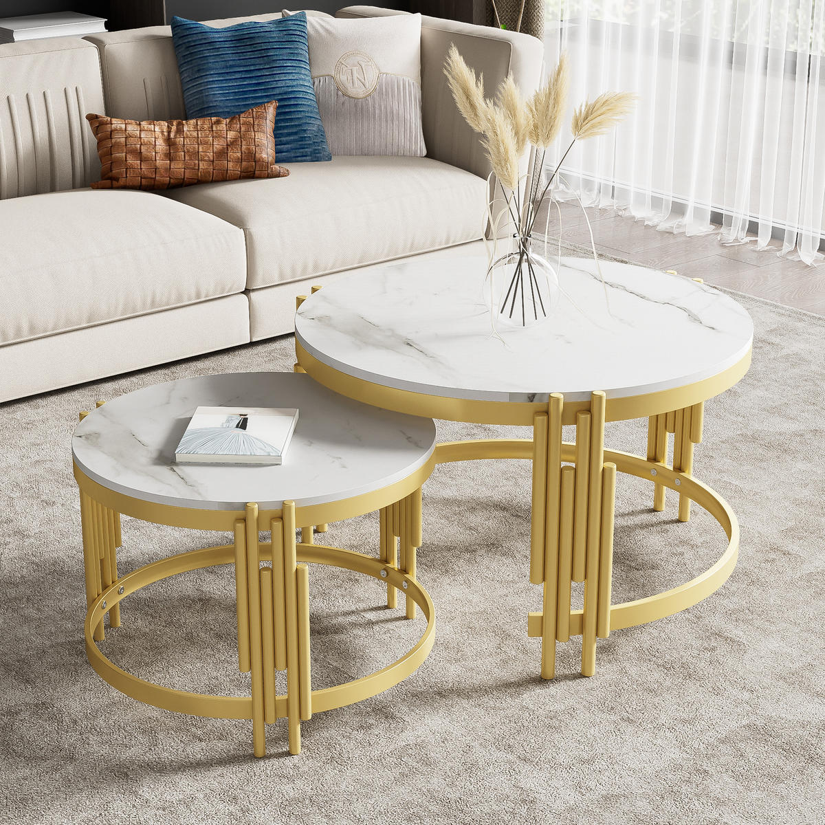 COUCHTISCH 2er-Set mit Marmoroptik runde Tische goldener Metallrahmen - Goldfarben/Weiß, Holzwerkstoff/Metall (71.5/71.5/44cm) - EVRYAE