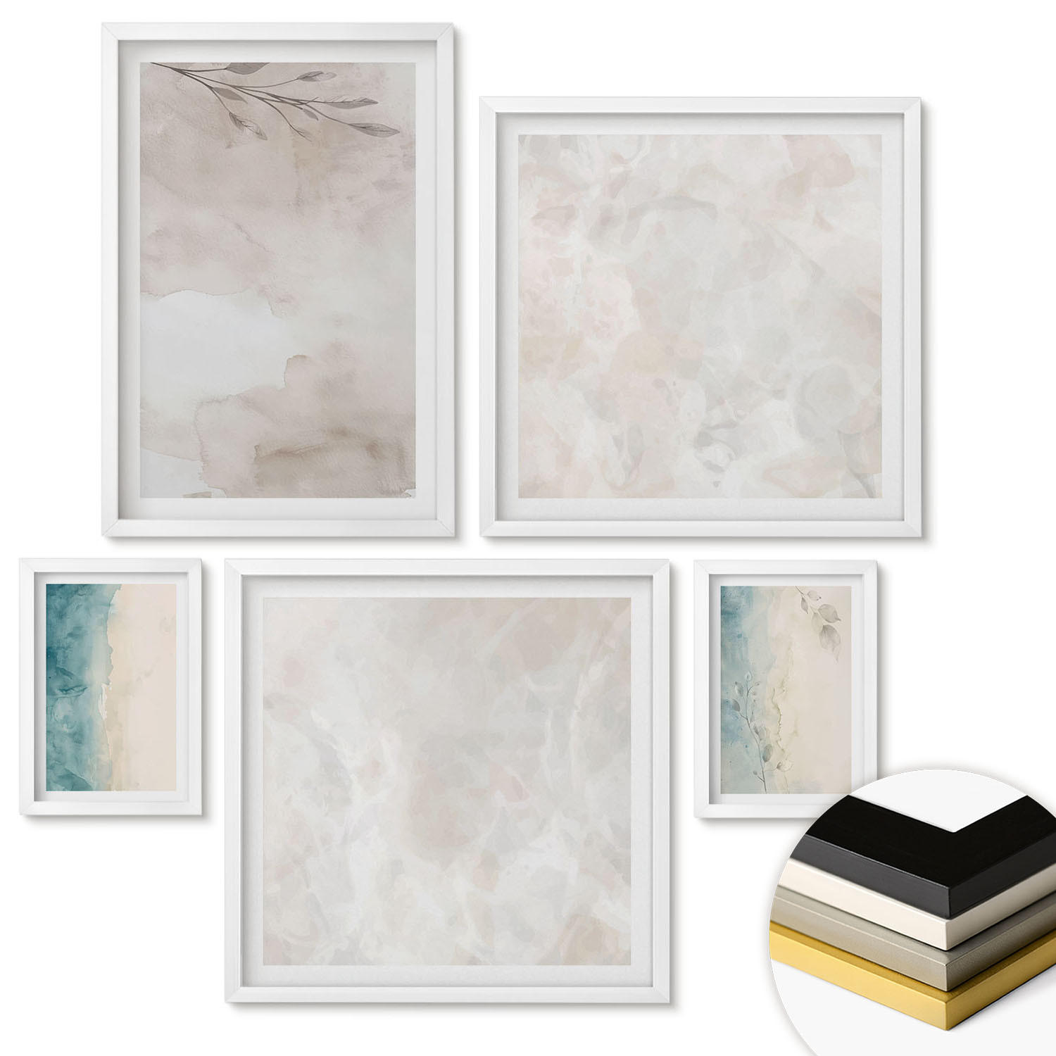 WANDBILDER 5er-Set - 50x50 cm & 20x30 cm & 40x60 cm Weißer Rahmen - Aquarellmalerei-Textur - Weiß, Kunststoff (40/60cm) - ArtPrintCave