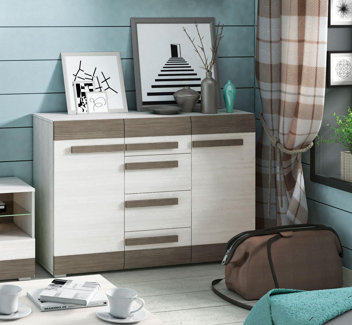 SIDEBOARD Blanco Pinie weiß / grau 138 / 42 / 96cm - Weiß, Holz/Holzwerkstoff (138/96/42cm) - Feldmann-Wohnen