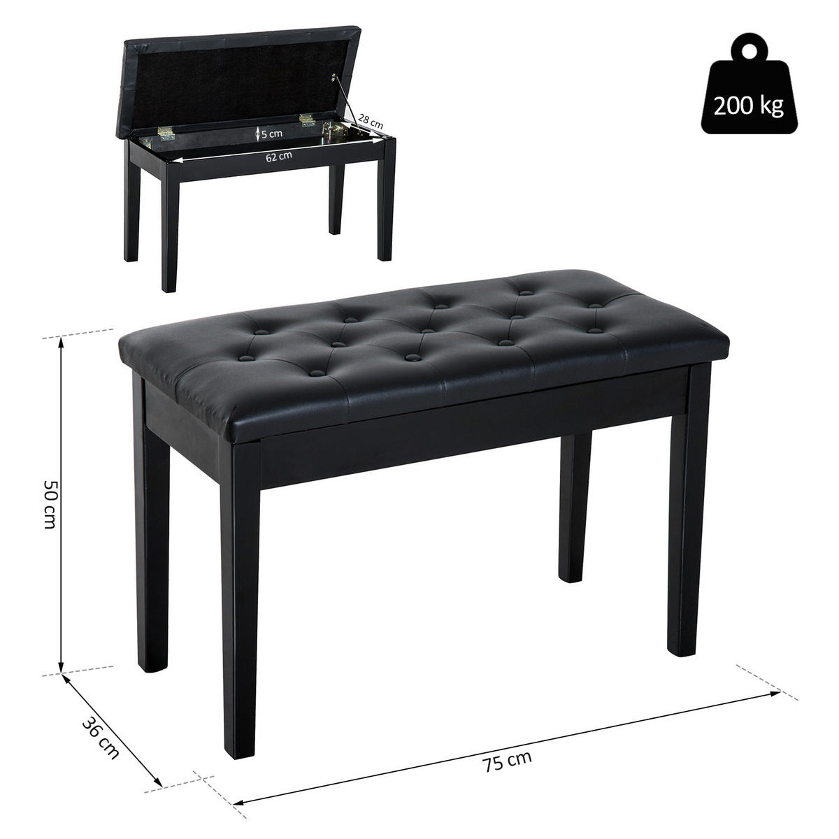 HOCKER DE-16450 Chesterfield mit Staufach Schwarz - Schwarz, Textil (36/50/75cm) - ComfortXL