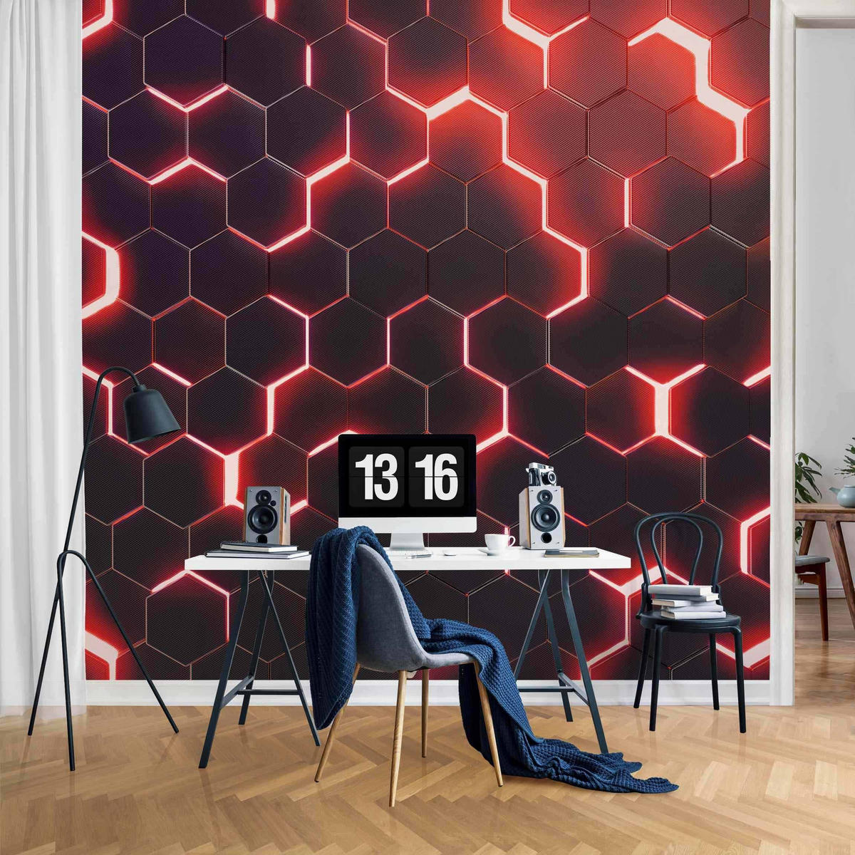FOTOTAPETE Strukturierte Hexagone mit Neonlicht in Rot 240/240 cm - Schwarz, Papier (240/240cm) - Bilderwelten