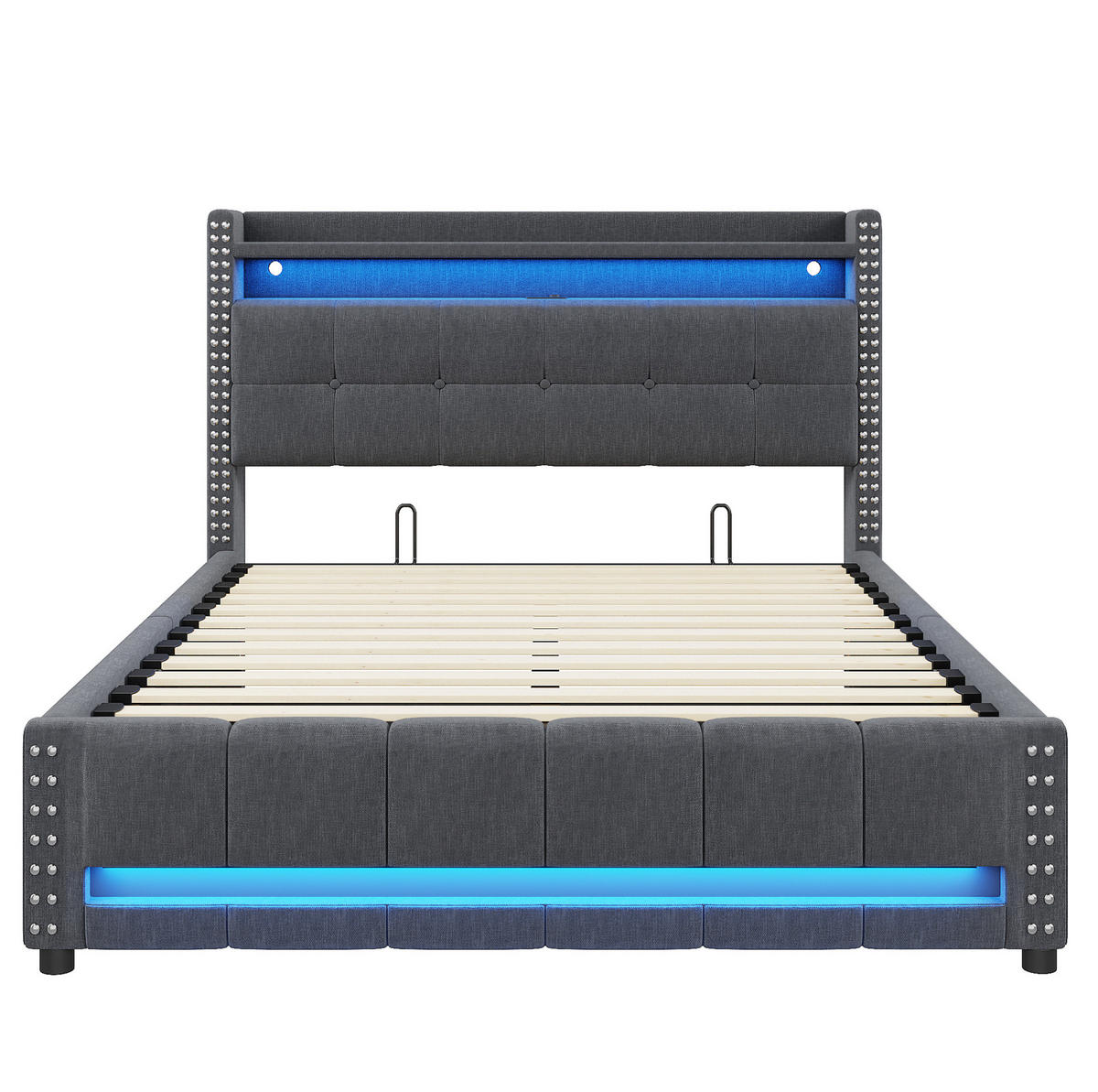 POLSTERBETT aus Leinenstoff 160x200 cm Grau mit LED-Beleuchtung, USB-Anschluss und hydraulischem Bettkasten - Grau, Textil (160/200cm) - Modfu