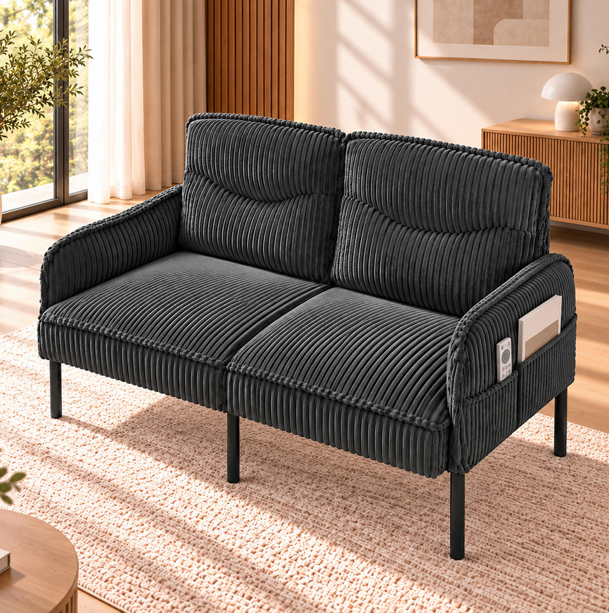 2-SITZER Sofa 122/73/83 cm Cordstoff mit Seitentaschen und Metallbeinen Grau - Schwarz/Grau, Textil/Metall (73/83/122cm) - Redom