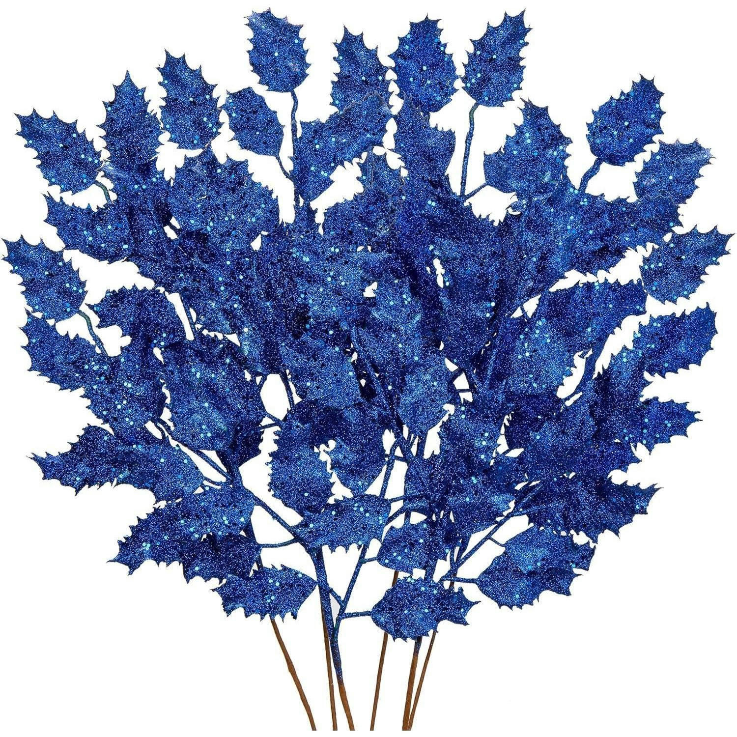 KUNSTZWEIG 6-teiliges Set Glitzernde Eichenblätter Blau 58 cm - Blau, Kunststoff (16cm)